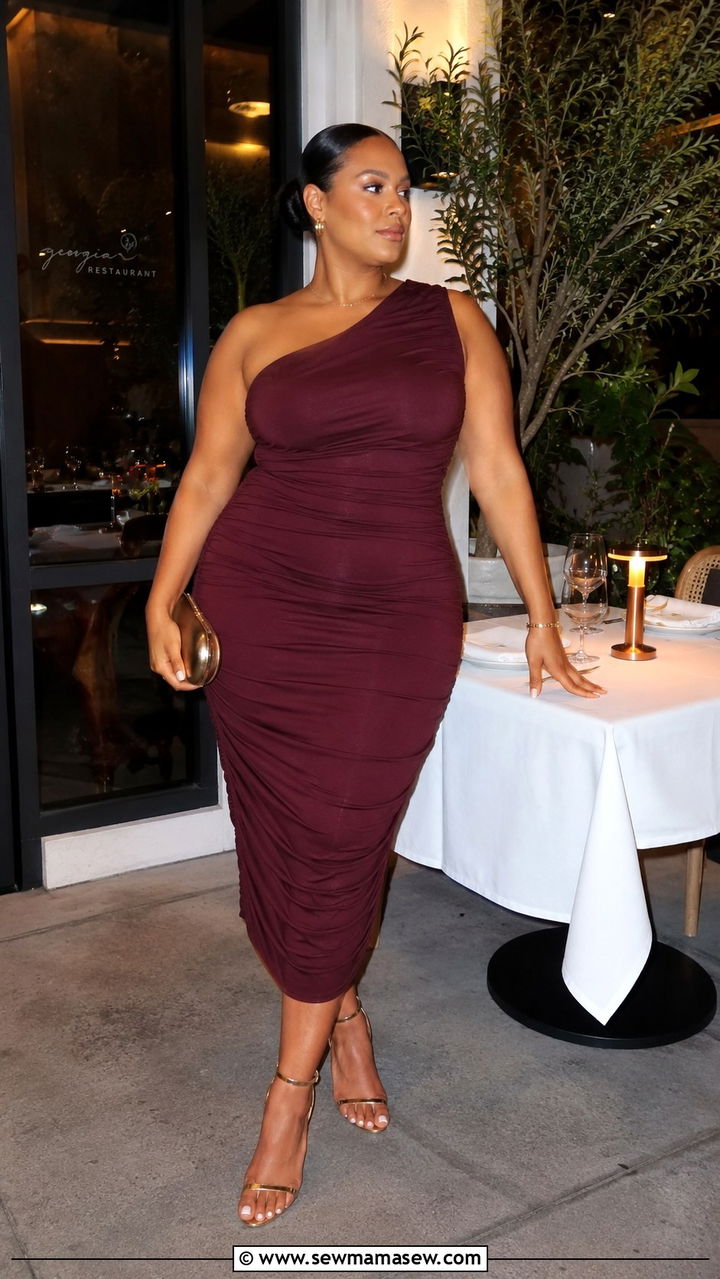 One Shoulder Ruched Dress And Metallic Clutch - 25 Birthday dinner outfit ideas plus size