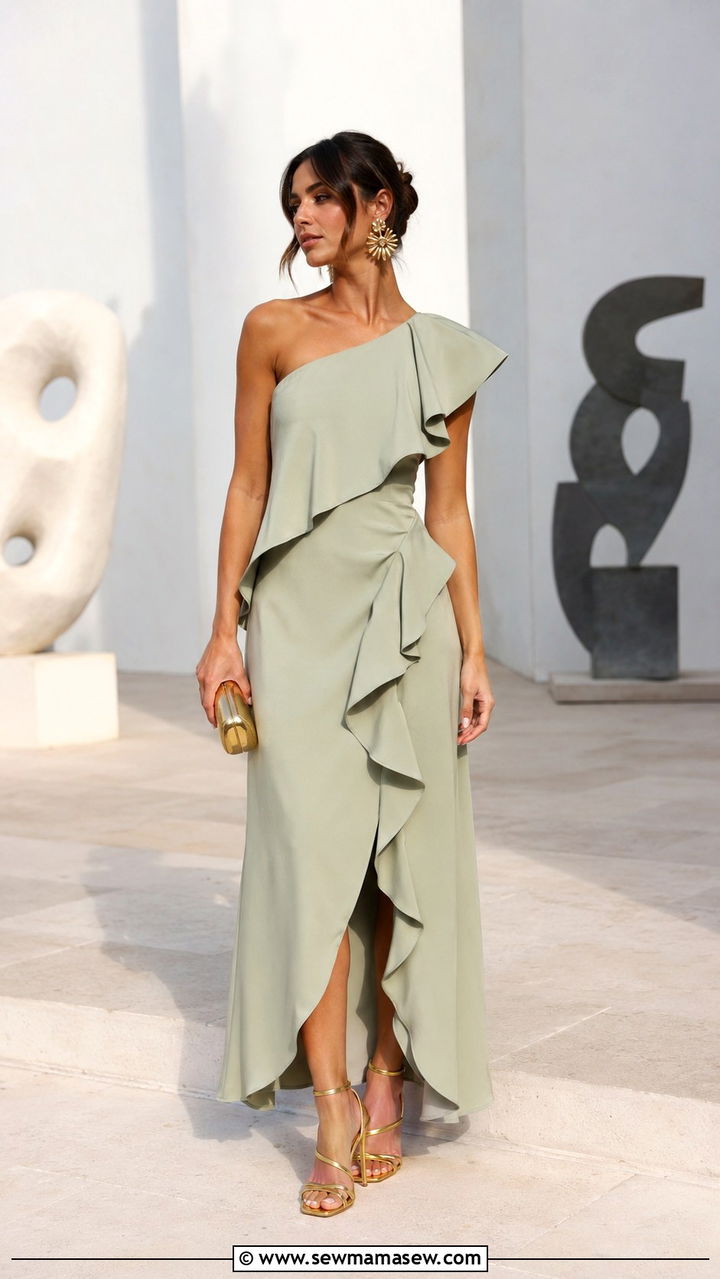 One Shoulder Ruffle Dress With Sculptural Heels - 30 chic summer wedding guest outfits for women