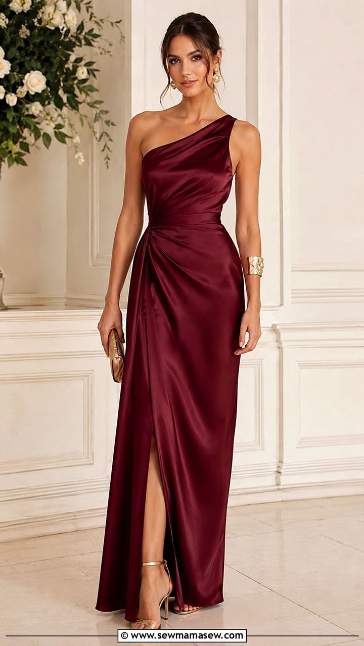 One Shoulder Satin Dress With Metallic Heels - 30 transitional wedding guest outfit ideas