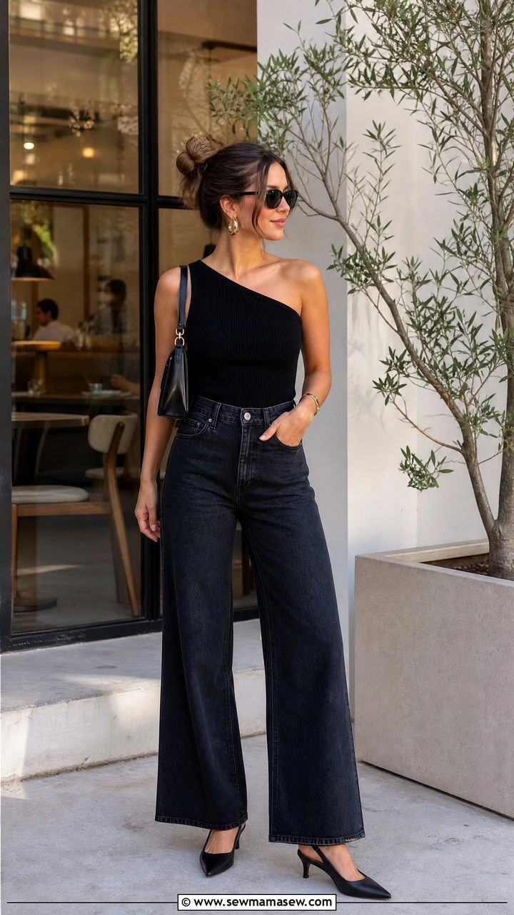 One Shoulder Top And Wide Leg Jeans With Slingback Heels Brunch Outfit - 25 Brunch outfit ideas with heels