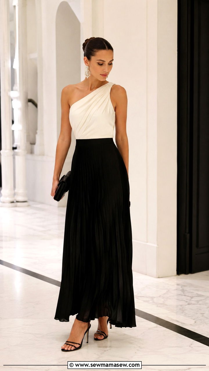 One Shoulder Top With Pleated Maxi Skirt And Strappy Stilettos - 30 Pleated skirt outfit ideas with heels