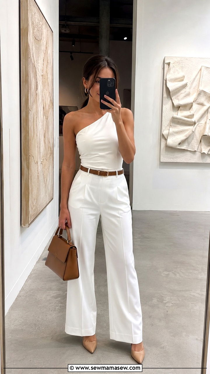 One Shoulder Top With White Wide Leg Pants - 30 classy outfits for petite women