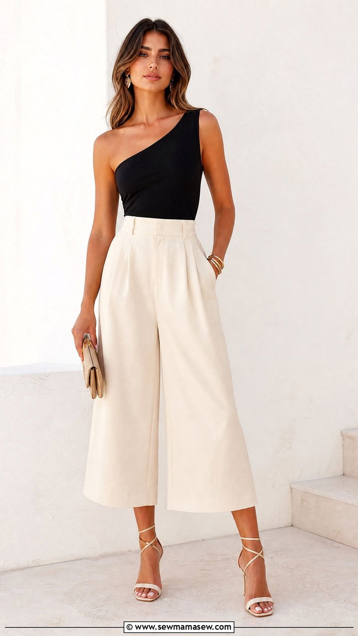 One Shoulder Top and High Rise Culottes - 30 Outfit ideas for long torso