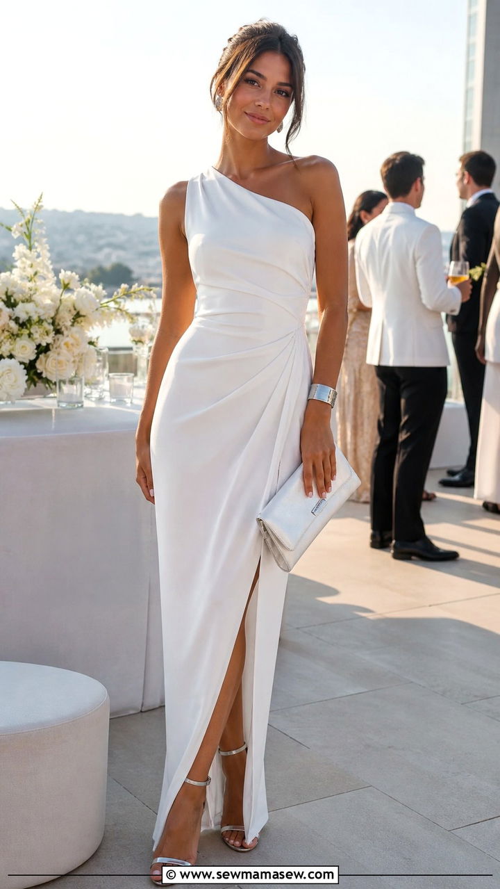 One Shoulder White Crepe Evening Gown - 40 Gala outfit ideas