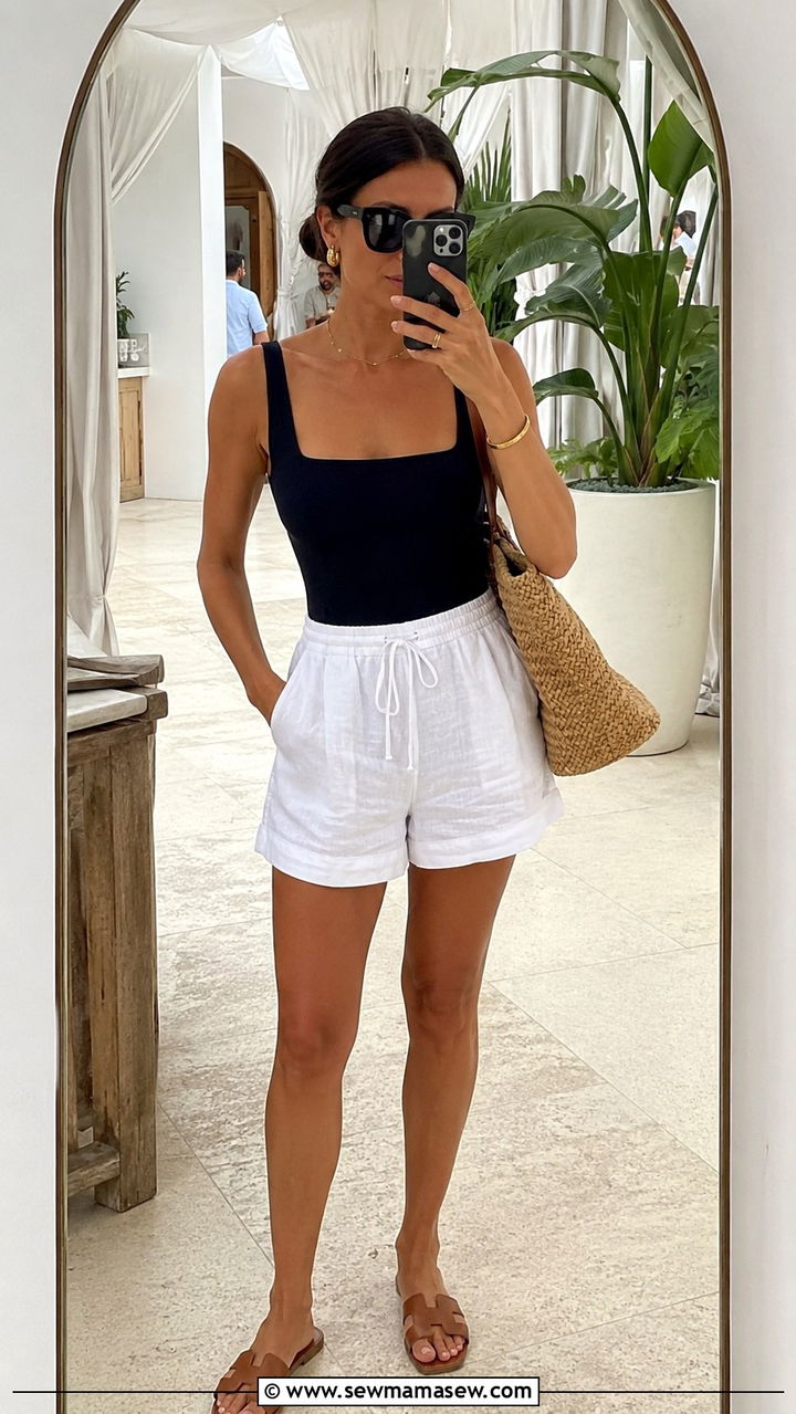 One piece swimsuit styled as a bodysuit with linen shorts - 25 Positano outfit ideas