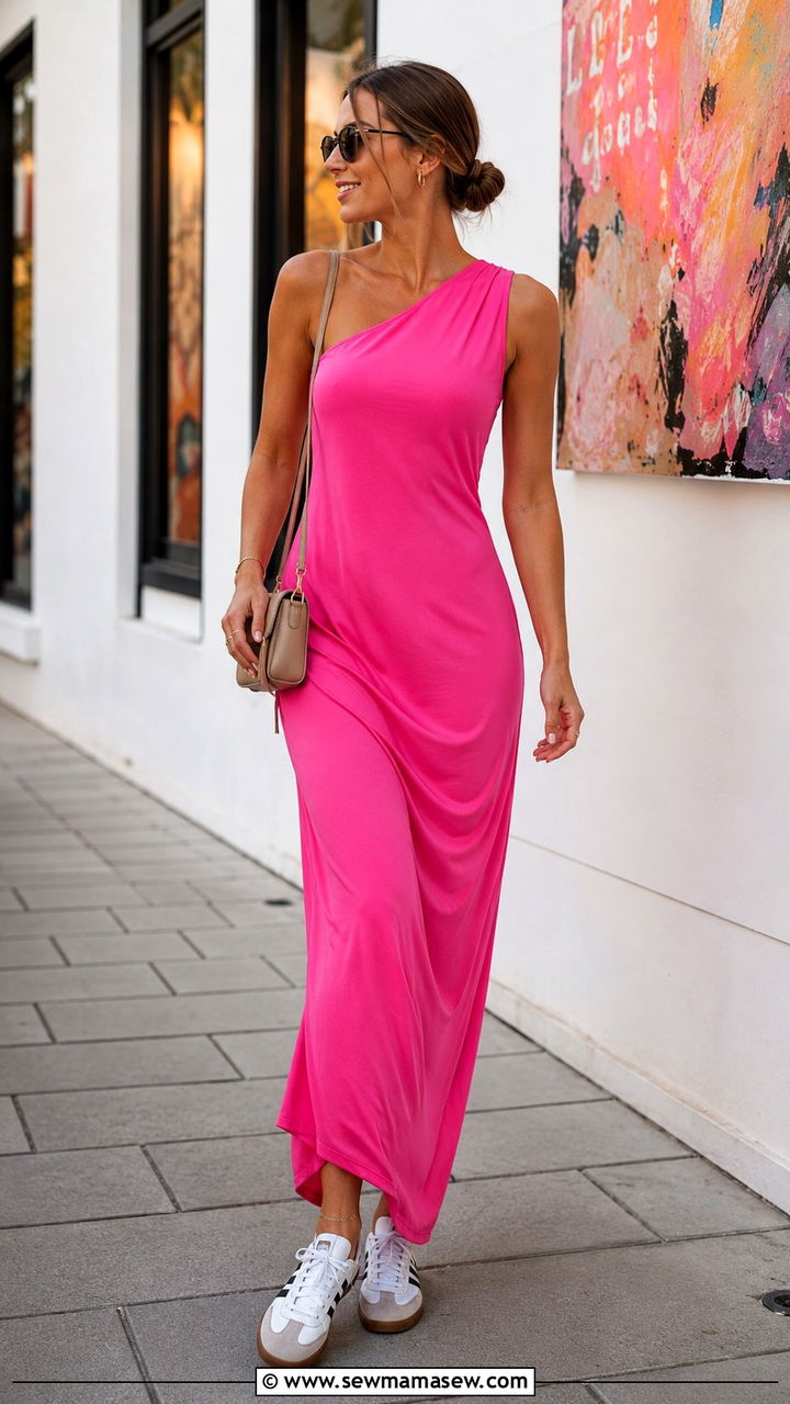 One shoulder maxi dress with retro runners - 30 Maxi dress with sneakers outfit ideas