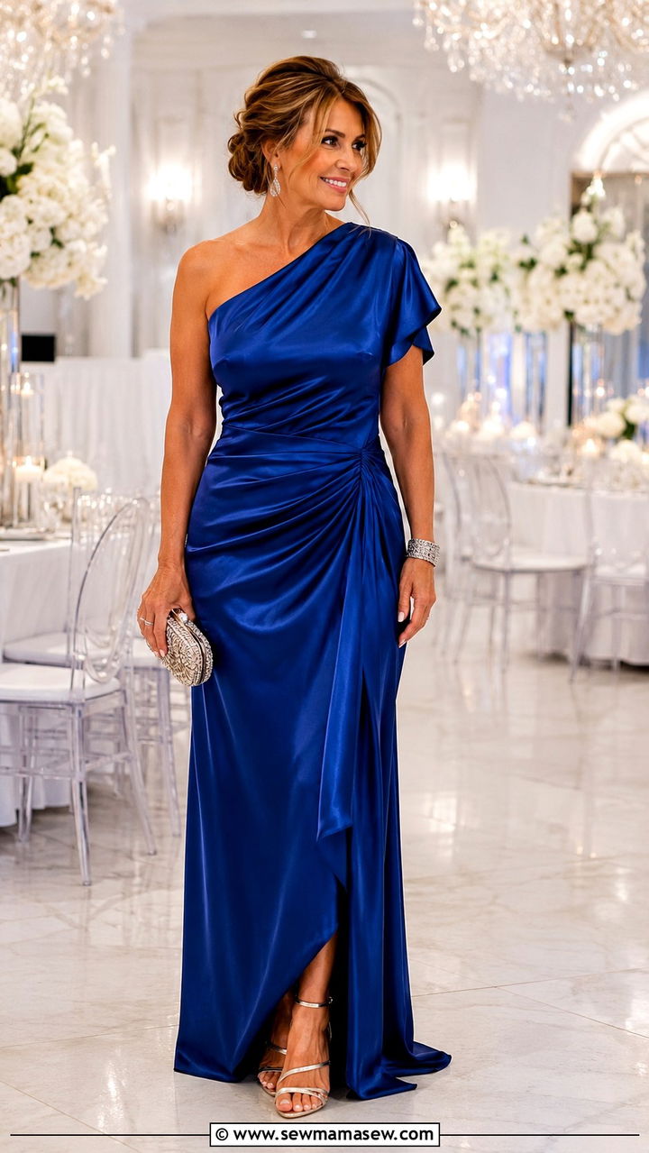 One shoulder satin draped gown mother of the bride outfit - 25 Wedding guest outfit ideas for mom of the bride