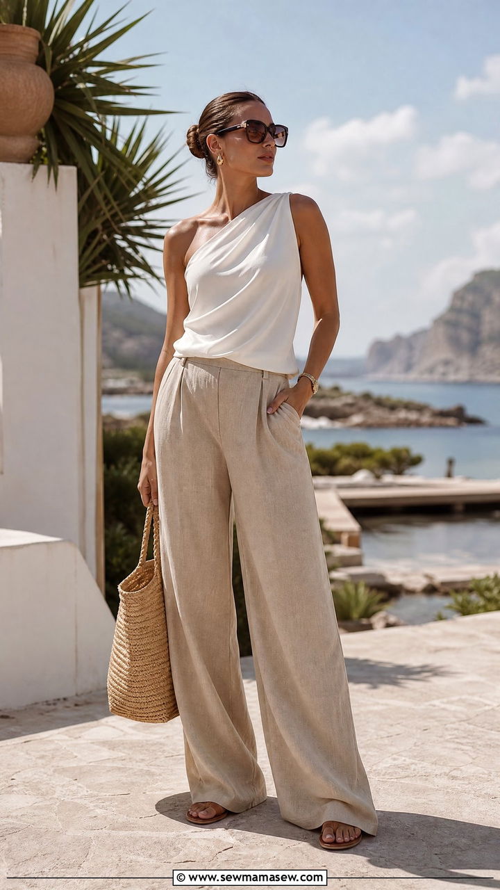 One shoulder top and wide leg linen pants outfit for broad shoulders - 25 Outfits for broad shoulders