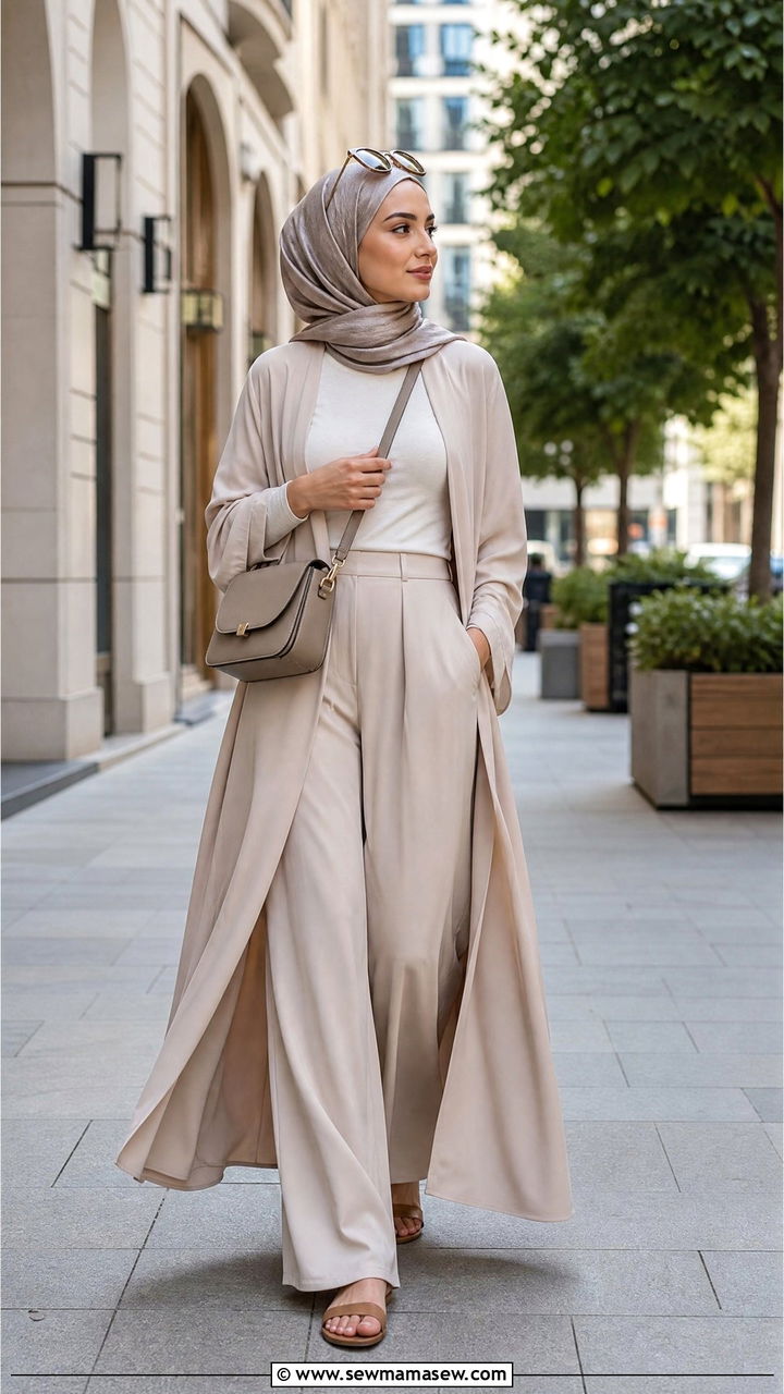 Open Abaya Over Wide Leg Trousers And Top Outfit - 25 Modest outfit ideas layering hacks
