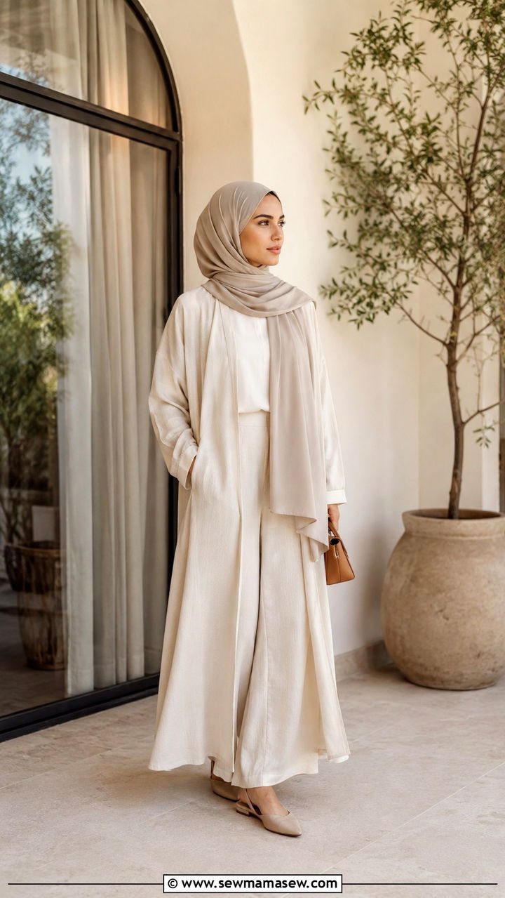 Open Abaya Style Layer Over a Monochrome Base - 25 Modest outfit ideas for humid weather