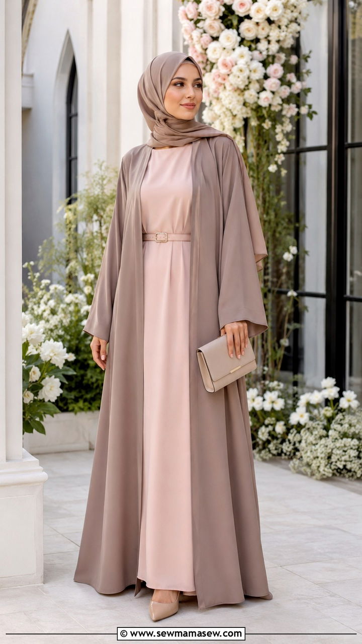 Open Abaya With Belted Inner Dress - 30 Modest wedding guest outfit ideas for Muslim women