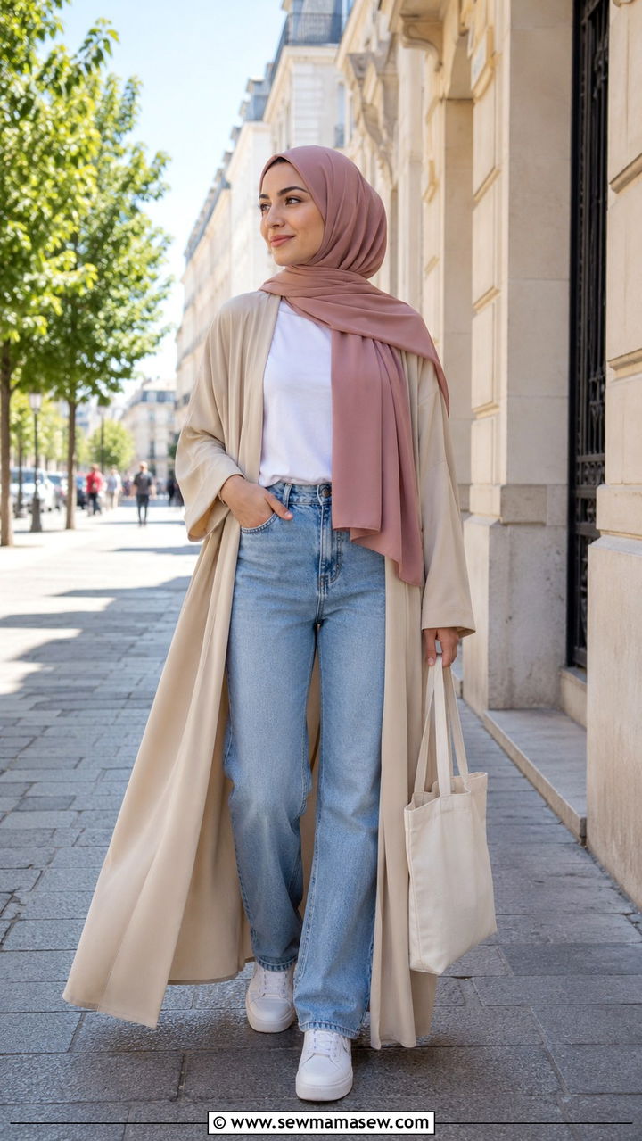 Open Abaya With Jeans And White Tee - 30 Modest outfit ideas with abaya