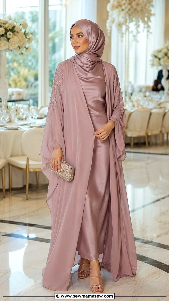 Open Abaya With Satin Inner Dress Wedding - 30 modest wedding guest outfit ideas