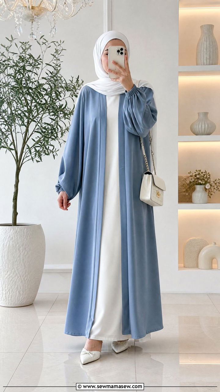 Open Abaya with Contrast Inner Slip Dress and Hijab - 30 Eid outfit ideas with hijab