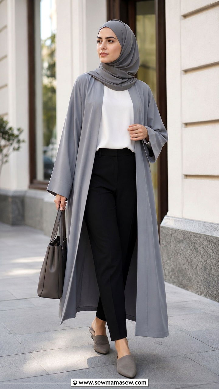 Open Abaya with Trousers and Structured Hijab - 25 work outfits for hijab women