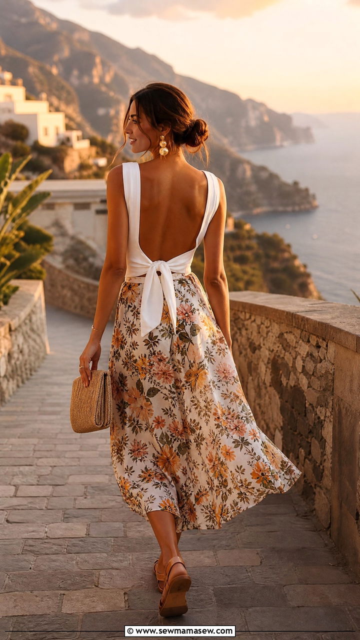 Open Back White Top With Flowy Printed Skirt - 30 European summer outfits ideas