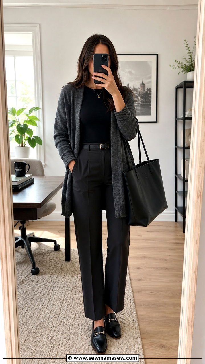 Open Cardigan Layered Over Fitted Shell and Straight Leg Pants - 20 Work outfits to hide belly fat