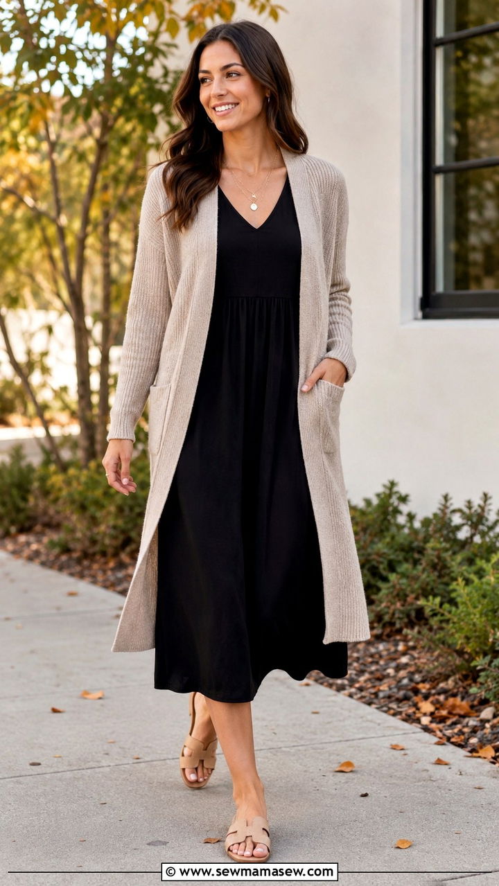 Open Cardigan Layered Over a Midi Dress - 20 Outfit ideas for apron belly