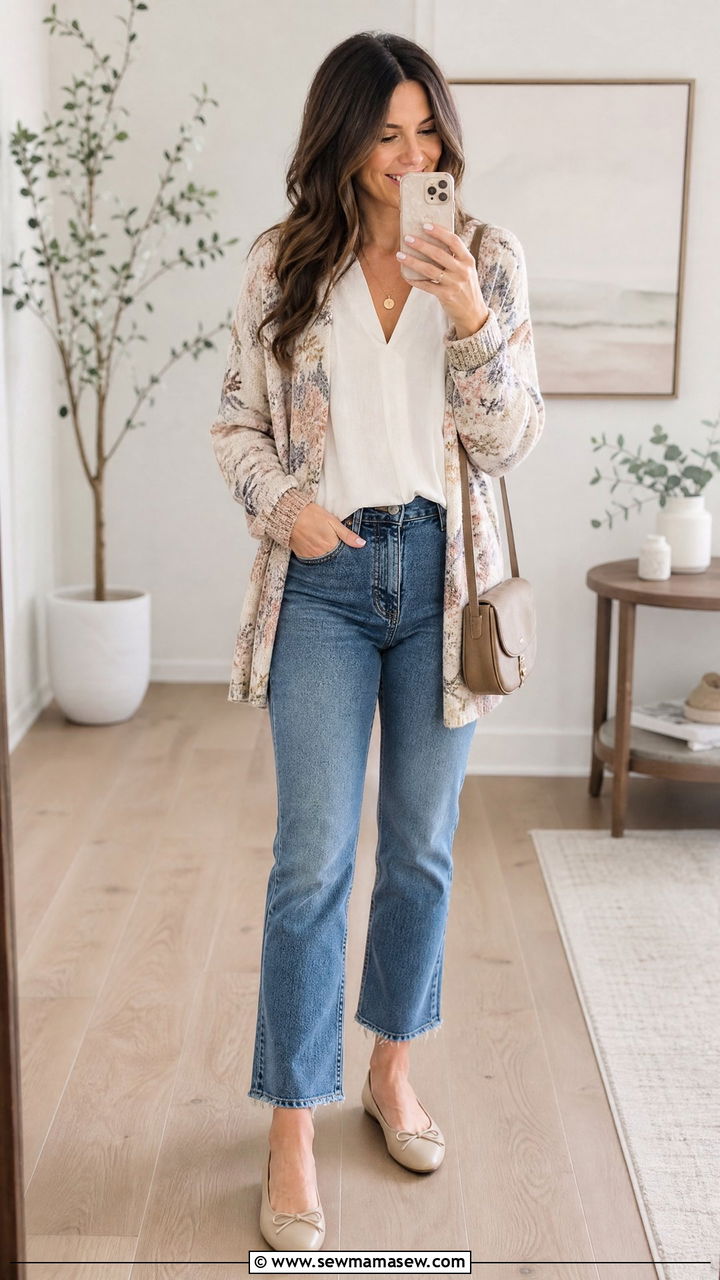 Open Cardigan Over Blouse And Jeans Spring - 20 spring outfits for women with tummy