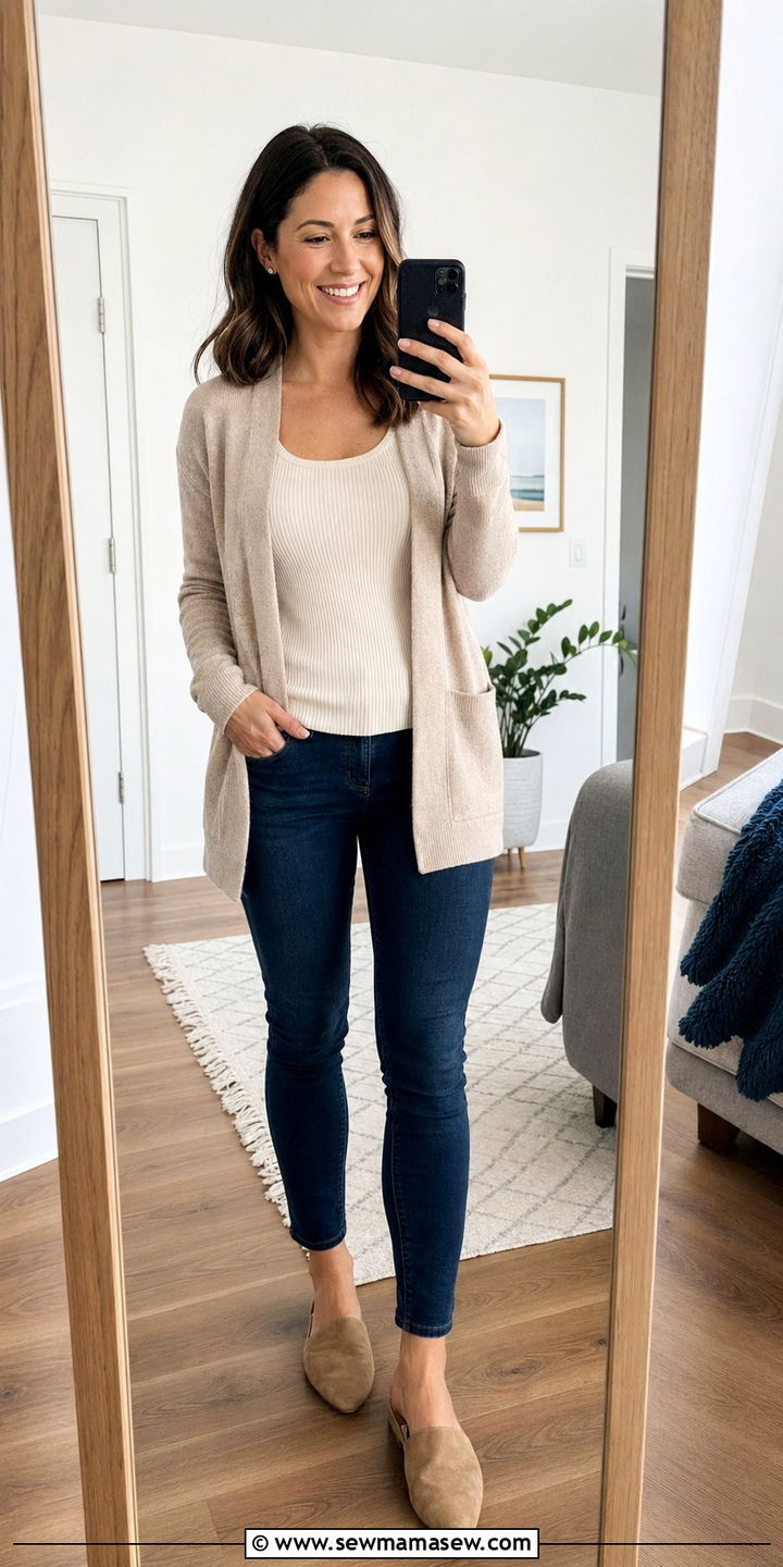 Open Cardigan Over Shell Top With Simple Stud Earrings - 30 Zoom meeting outfit ideas