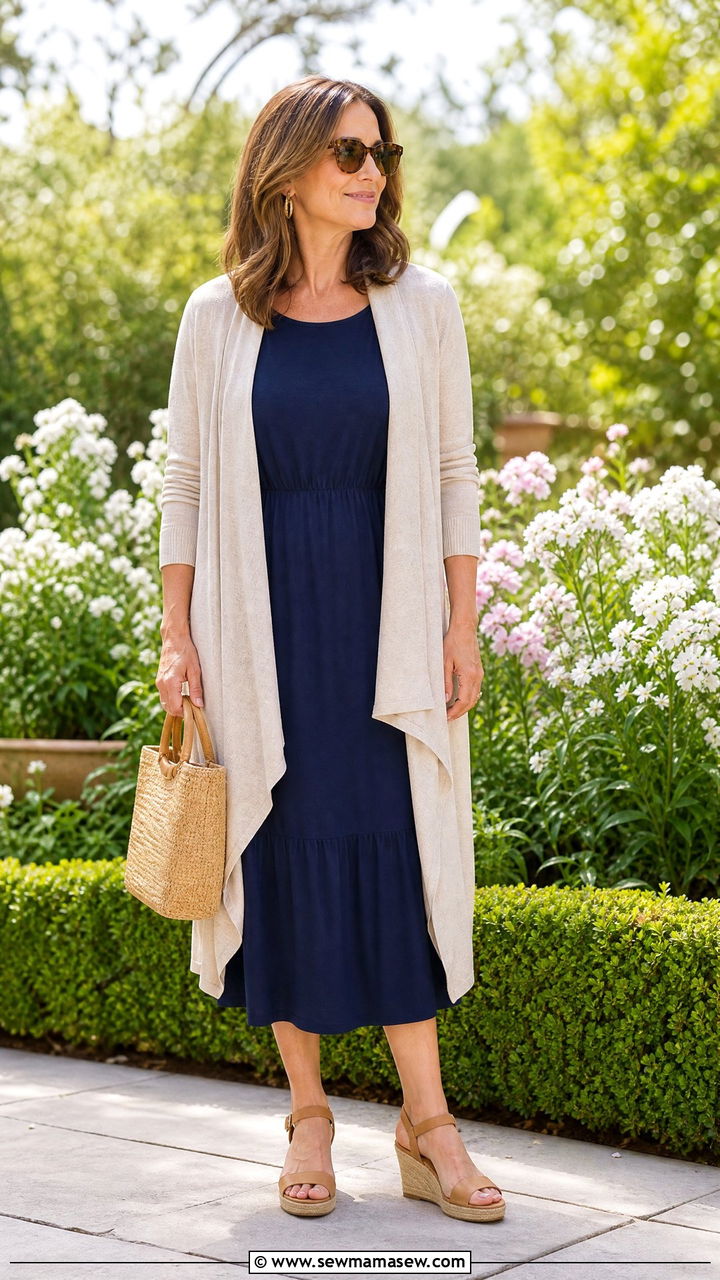 Open Cardigan and Navy Midi Dress - 30 coastal grandmother outfit ideas for women over 40