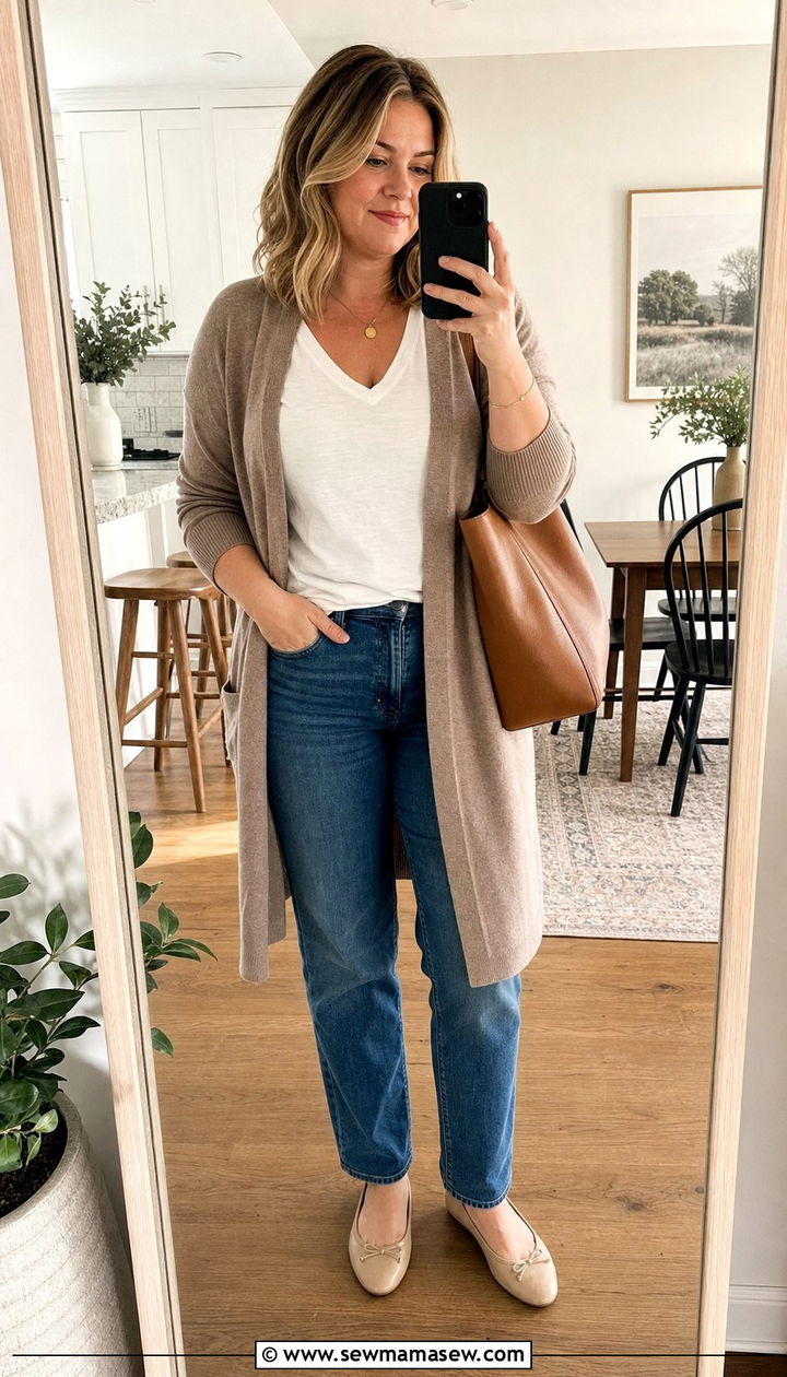 Open Cardigan and V Neck Tee with Jeans for Apple Shape - 25 Cute outfits for apple shape