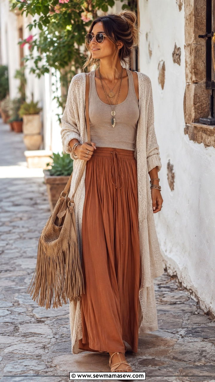 Open Cardigan with Maxi Skirt and Layered Necklaces Outfit - 30 Boho outfit ideas for women over 40