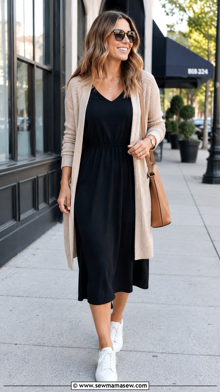 Open Cardigan with Midi Dress and White Sneakers - 30 Midi dress outfit ideas with a cardigan