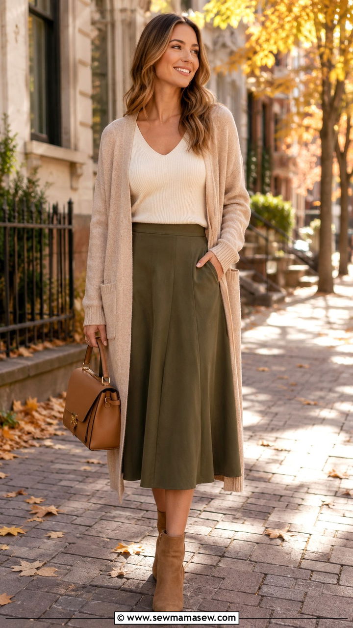 Open Cardigan with V Neck Tank and A Line Skirt - 25 Outfits to balance shoulders