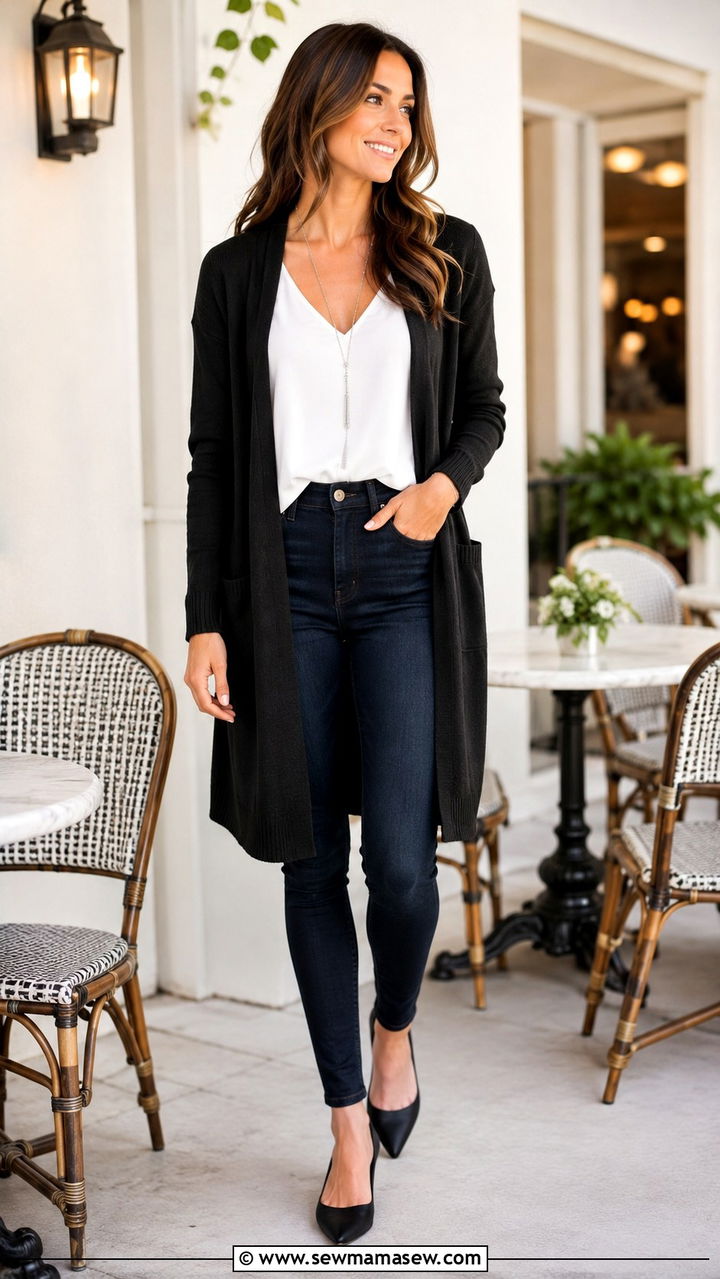Open Cardigan with V Neck Tank and Dark Jeans Outfit - 25 Outfits that make you look slimmer