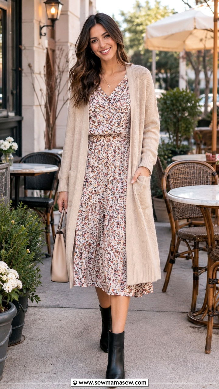 Open Cardigan with a Floral Midi Dress and Leather Ankle Boots - 30 Spring outfits with cardigans