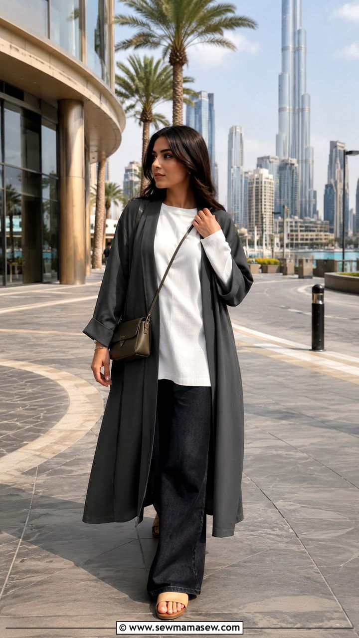 Open Front Abaya With Jeans And Tunic - 30 Dubai vacation outfit ideas modest