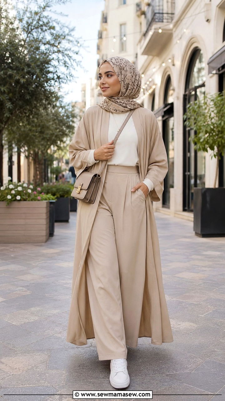 Open Front Abaya With Wide Leg Trousers And Sneakers - 20 April Eid outfit ideas