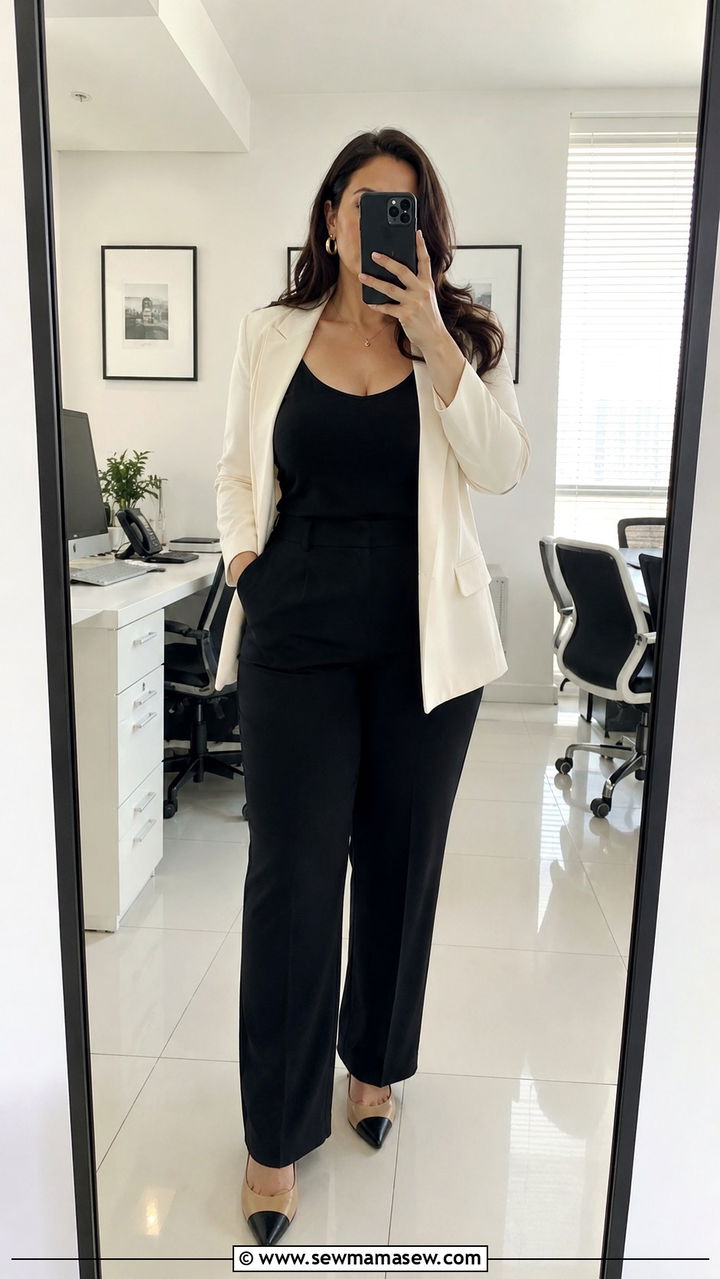 Open Front Blazer Over Monochrome Base - 20 work outfits for women with big bust