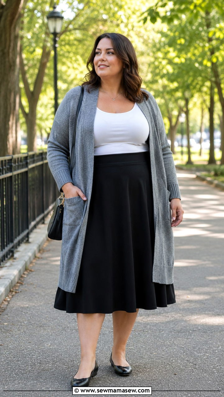 Open Front Cardigan Over A Tank Top And A Line Midi Skirt - 25 Outfit ideas for apple shape plus size