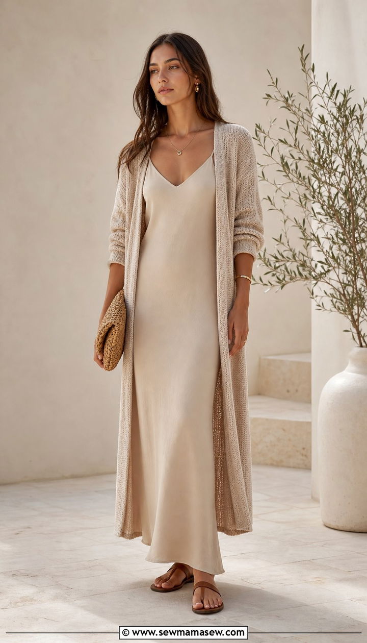 Open Front Cardigan Over Slip Midi Dress - 25 classy outfits for women with tummy