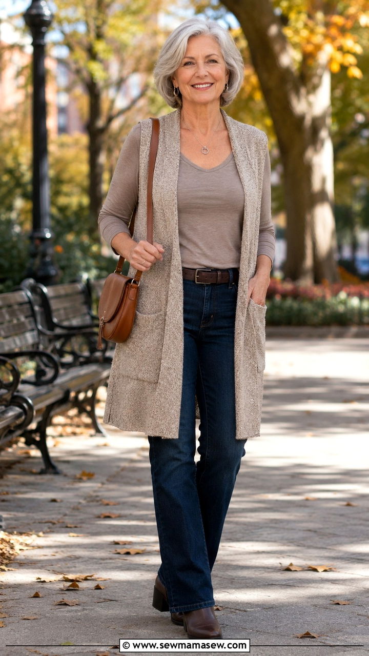 Open Front Cardigan Vest Over Fitted Tank And Bootcut Jeans - 20 Apple shape outfits for women over 60