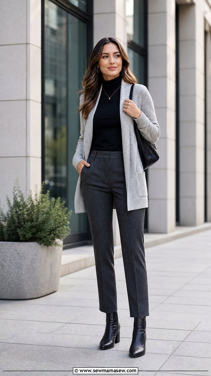 Open Front Cardigan With Turtleneck And Tailored Trousers - 25 Business casual outfits with cardigan