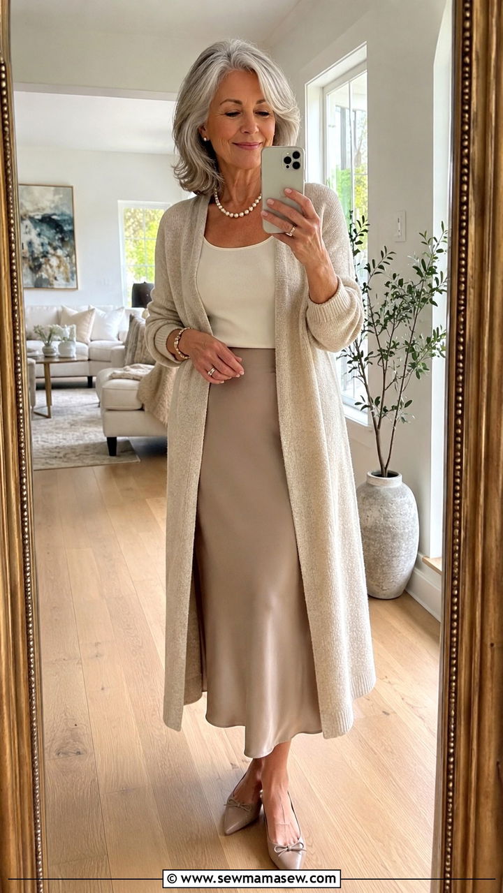 Open Front Cardigan With a Slip Skirt and Ballet Flats - 30 Trendy outfit ideas for women over 60