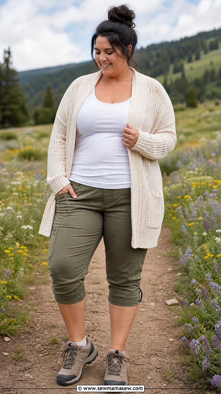 Open Front Cardigan with Hiking Capris and a Sun Hat - 25 Hiking outfit ideas plus size