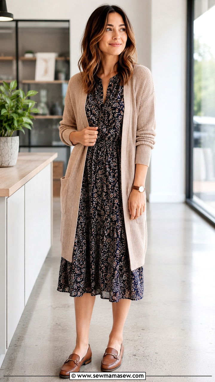 Open Front Cardigan with Printed Midi Dress and Loafers - 30 Midi dress outfit ideas with a cardigan