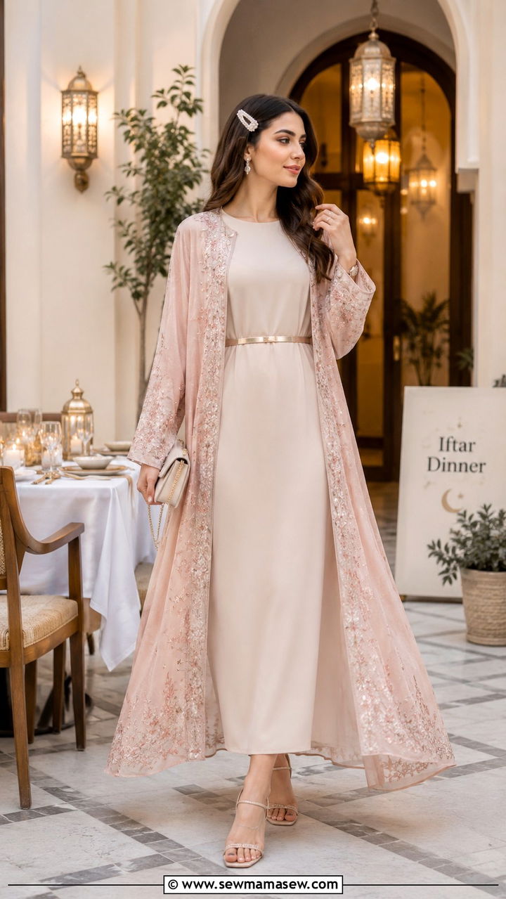 Open Front Kimono Over a Midi Dress - 20 Modest outfit ideas for iftar