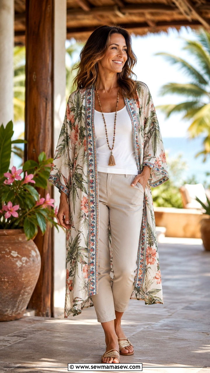 Open Kimono With a Tank Top and Slim Pants Outfit - 25 Outfits to hide muffin top