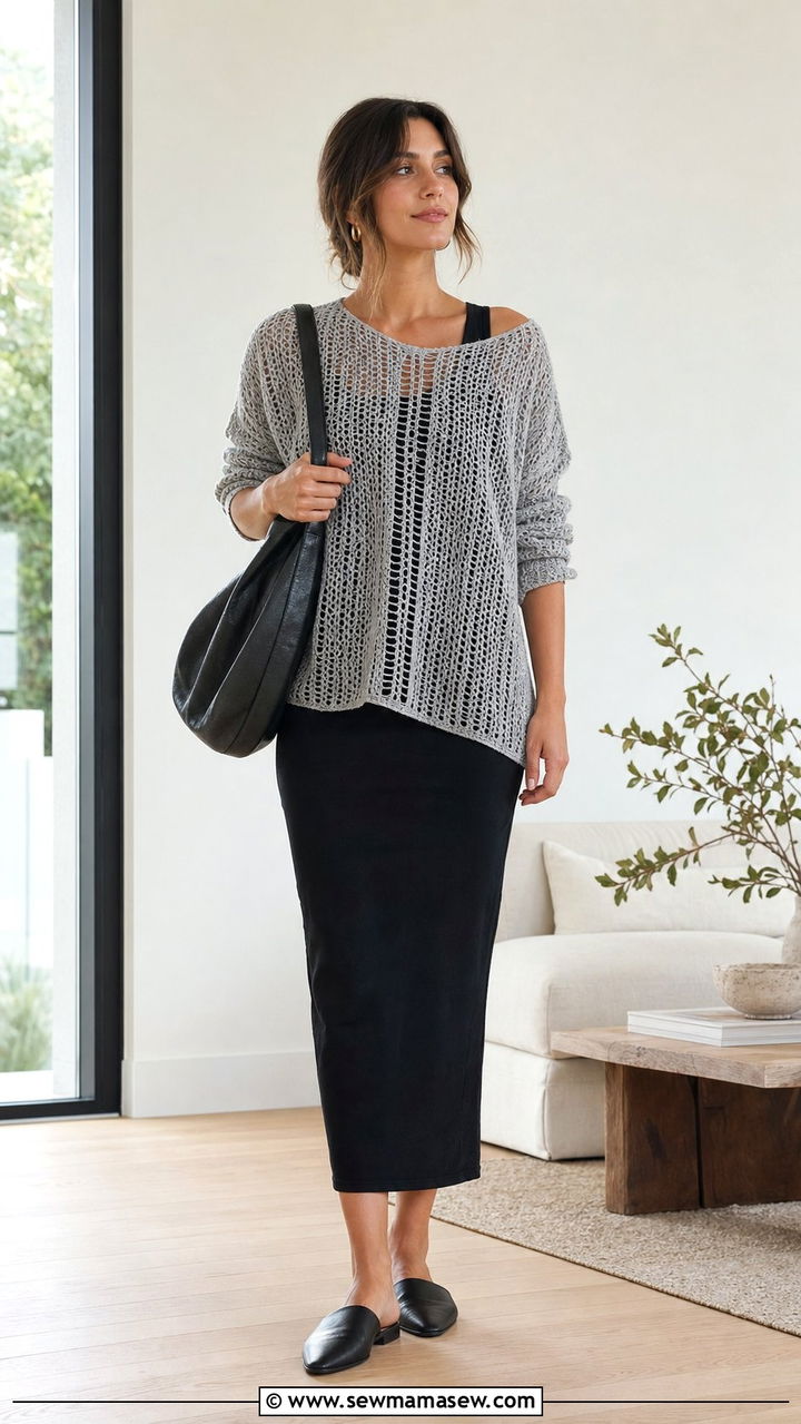 Open Knit Pullover Over a Tank Midi Dress - 25 Summer layering outfits
