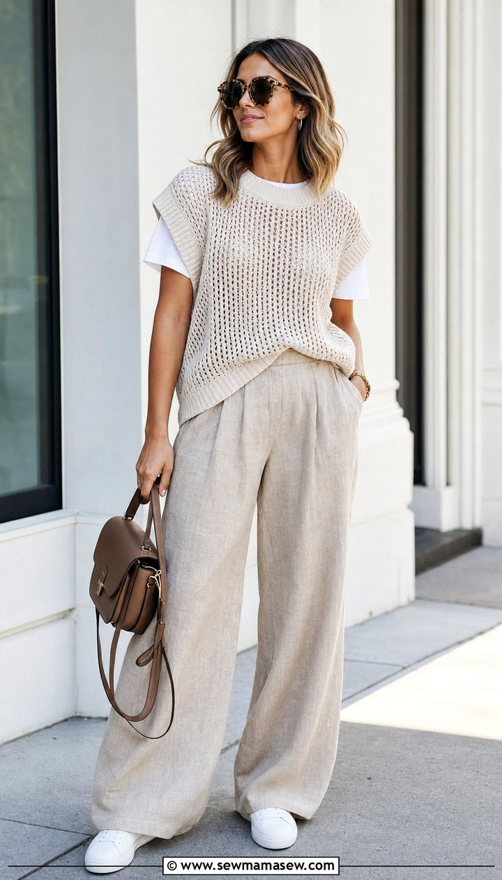 Open Knit Sweater Vest Over a Tee and Linen Pants - 25 Summer layering outfits
