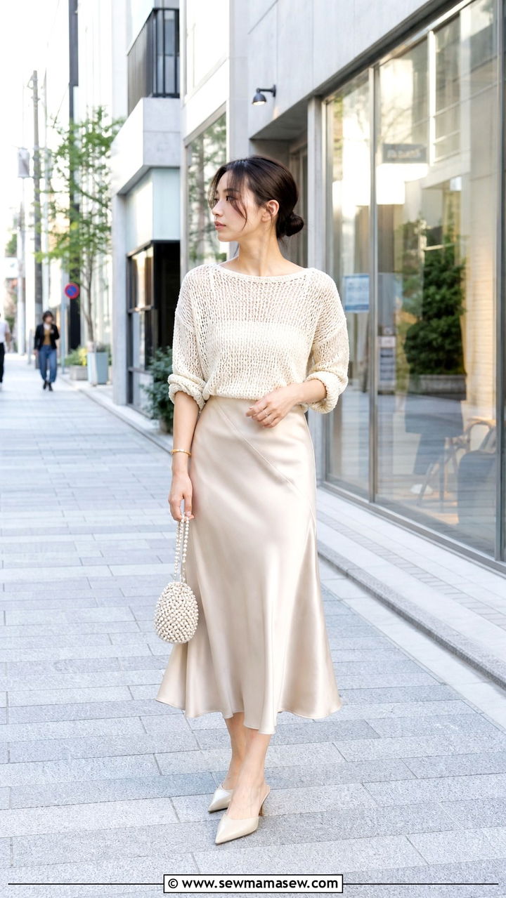Open Knit Sweater and Satin Midi Skirt Outfit - 40 Summer Japan outfit ideas