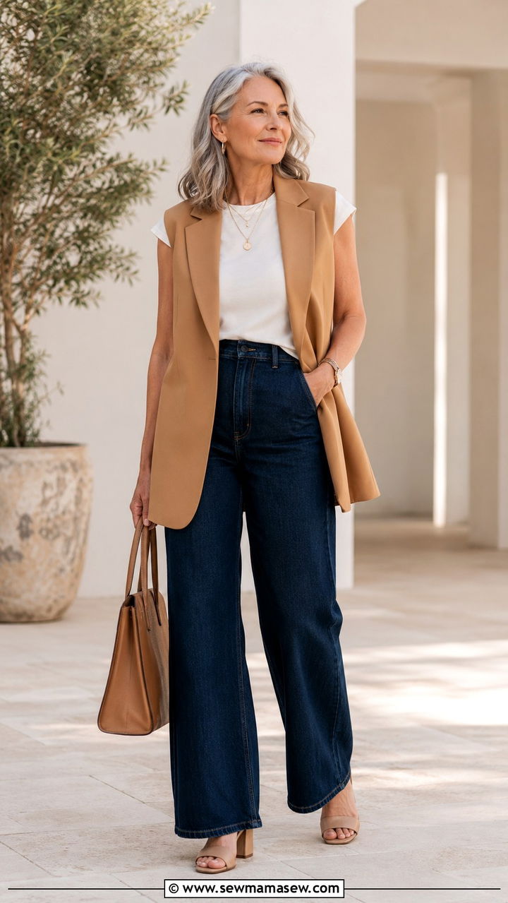Open Vest with Wide Leg Jeans - 20 Outfit ideas for menopause belly