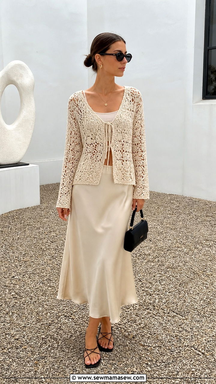 Open Weave Crochet Cardigan With Fluid Satin Midi Skirt - 40 summer scandinavian outfits