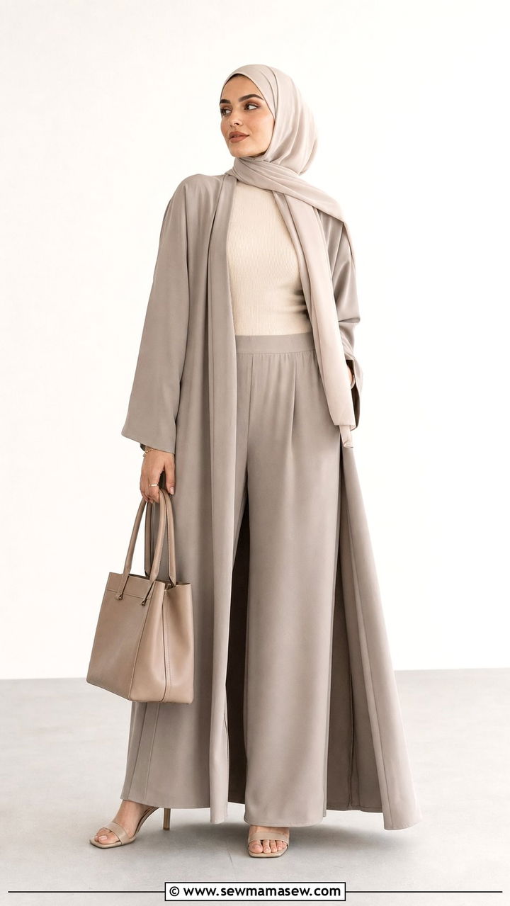 Open abaya layered over wide leg pants - 25 Eid outfit ideas with abaya