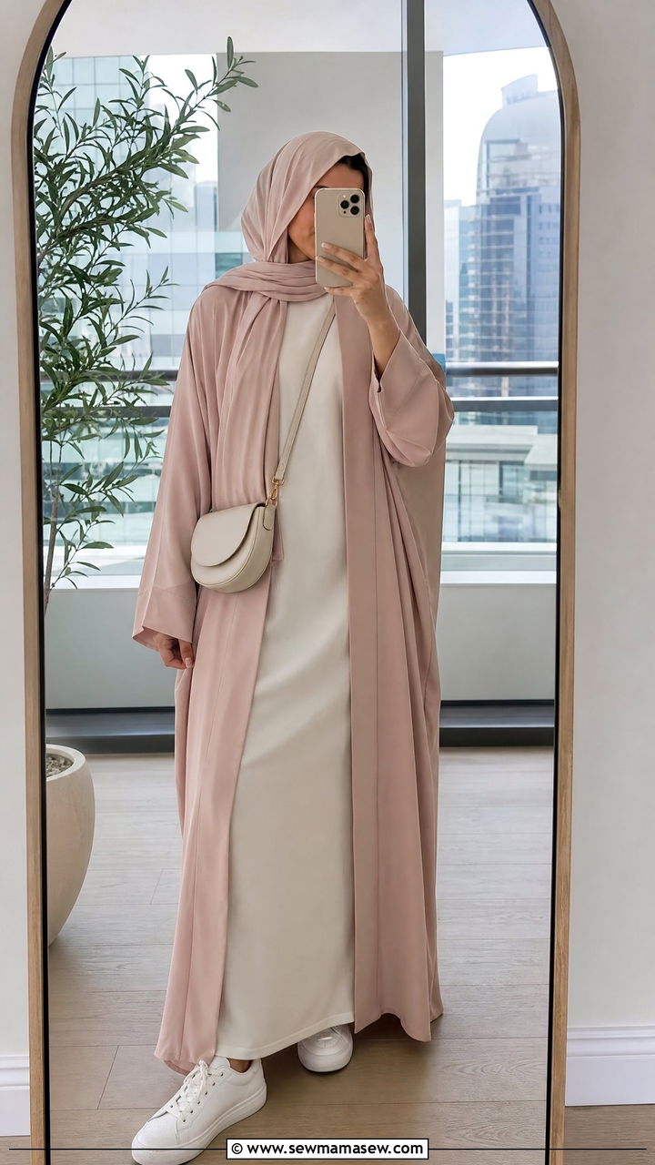 Open abaya with slip dress and trainers - 30 summer outfits for modest women